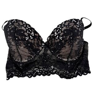 Victoria's Secret Bra Womens 34DD Longline Floral Lace Black Underwire Bustier